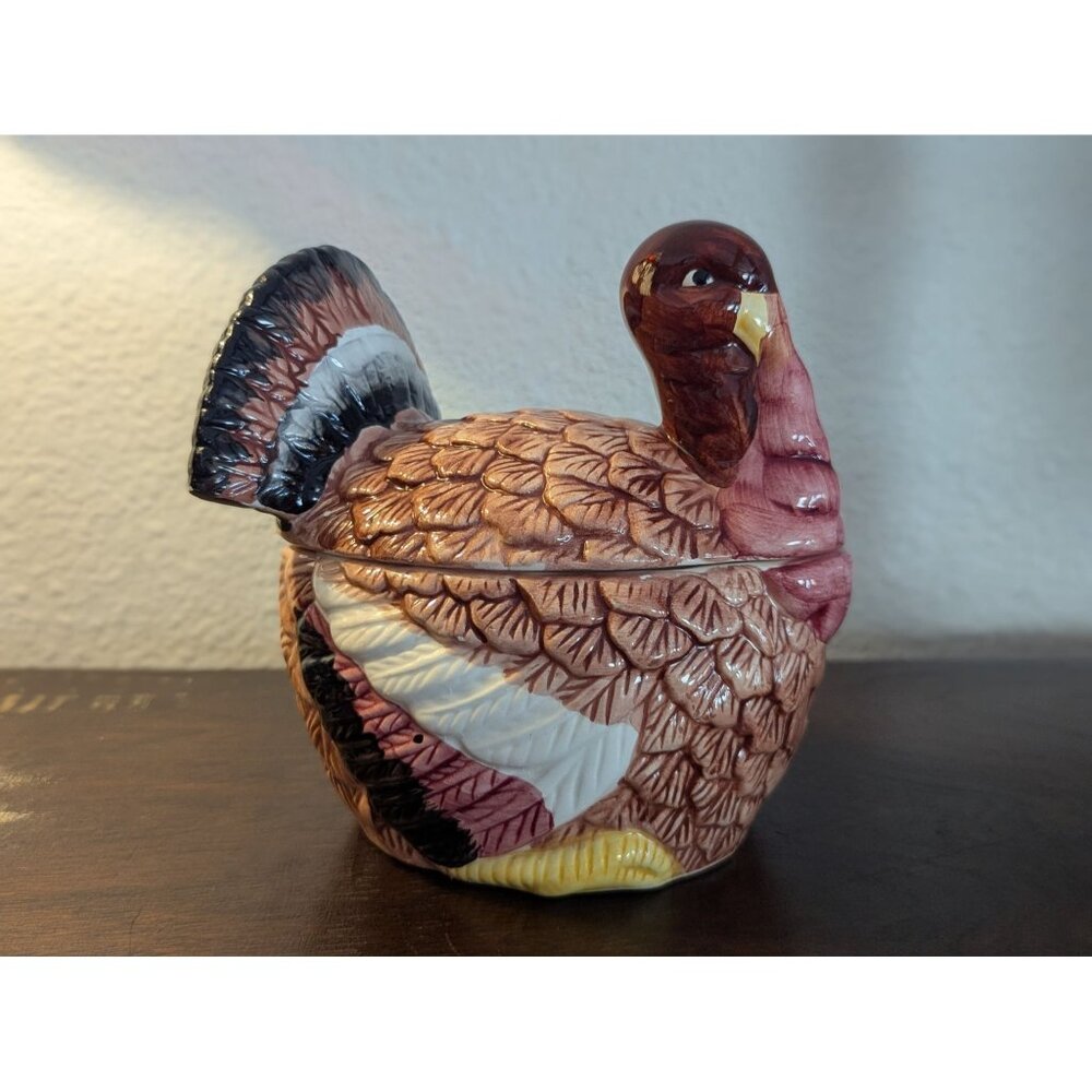 Vintage Turkey-Shaped Ceramic Gravy Bowl Hand-Painted Thanksgiving Serveware